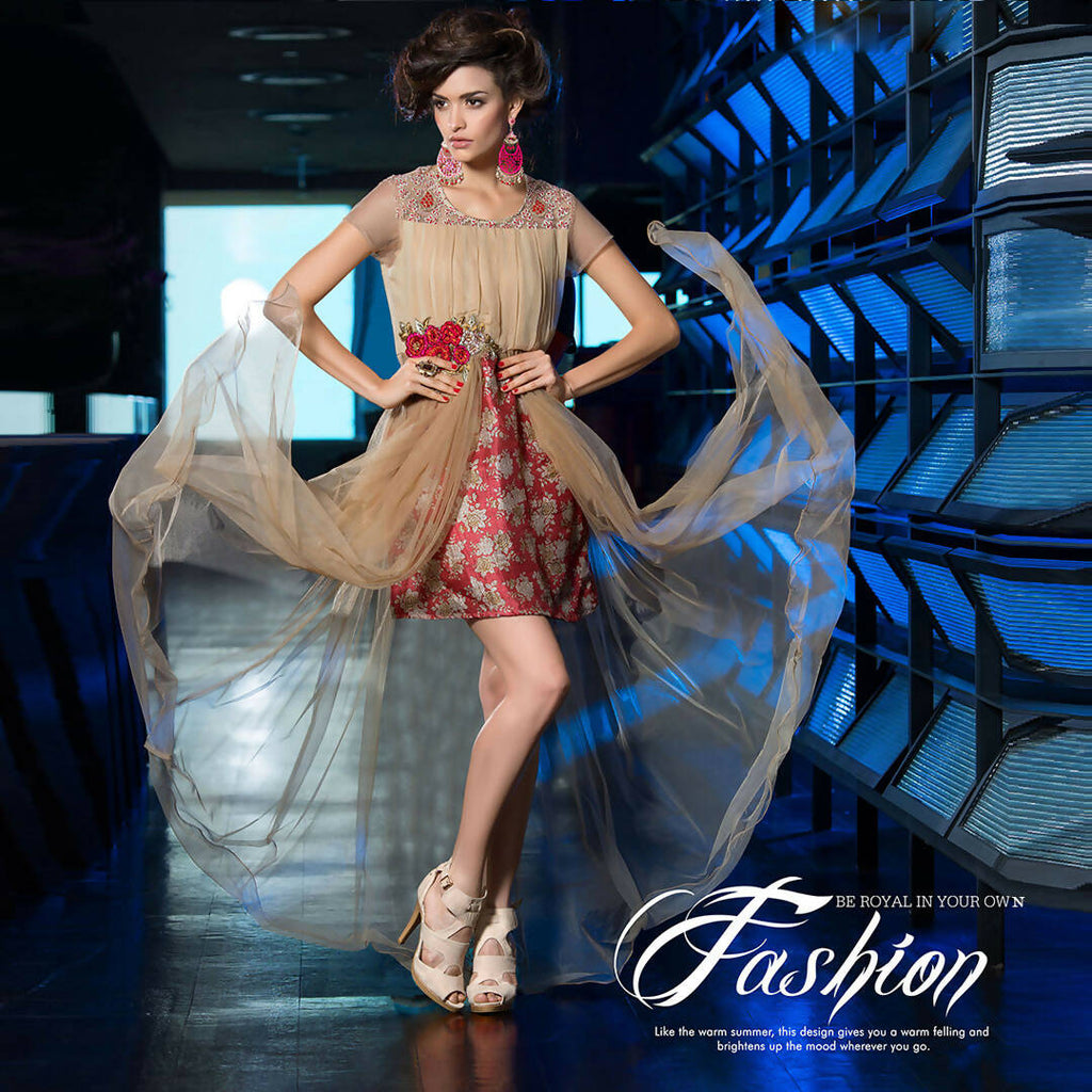 Beige Net Floral Embroidered A-line Kurti - Missy | Grocsy
