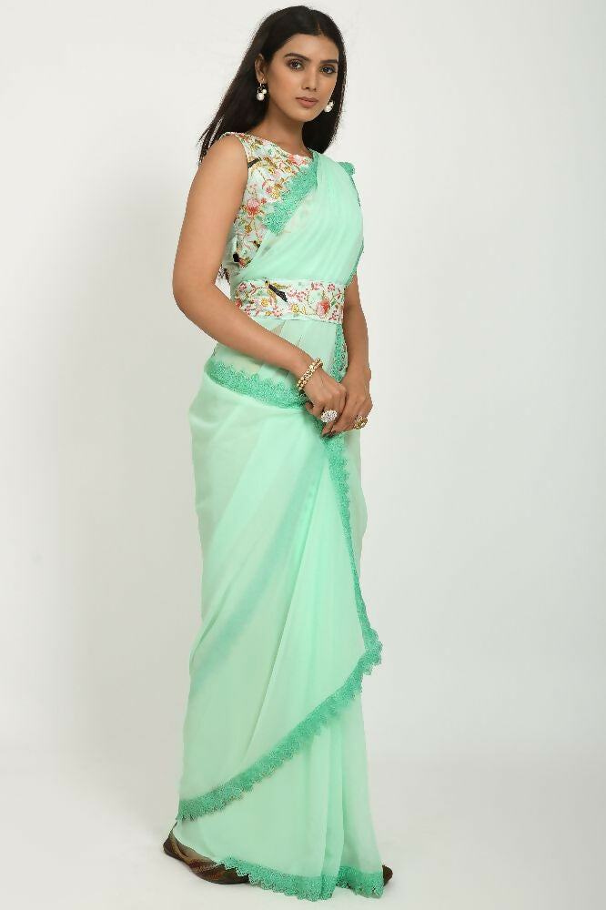 PR Fashion Pista Georgette Gpo Lace Saree | Grocsy
