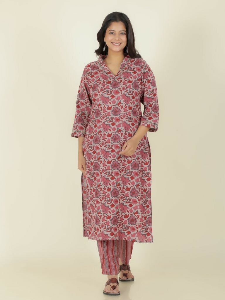 Aramya Straight Linen Cotton Floral Print Women's Kurta Set - Grey | Grocsy