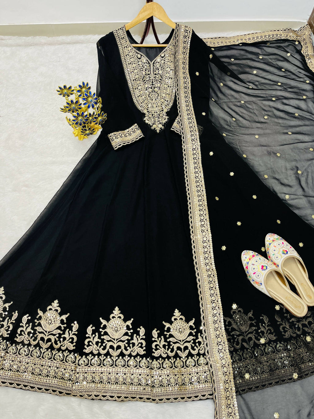 Teeya Creation Black Color Faux Georgette Embroidery Work Long Party Wear Gown | Grocsy