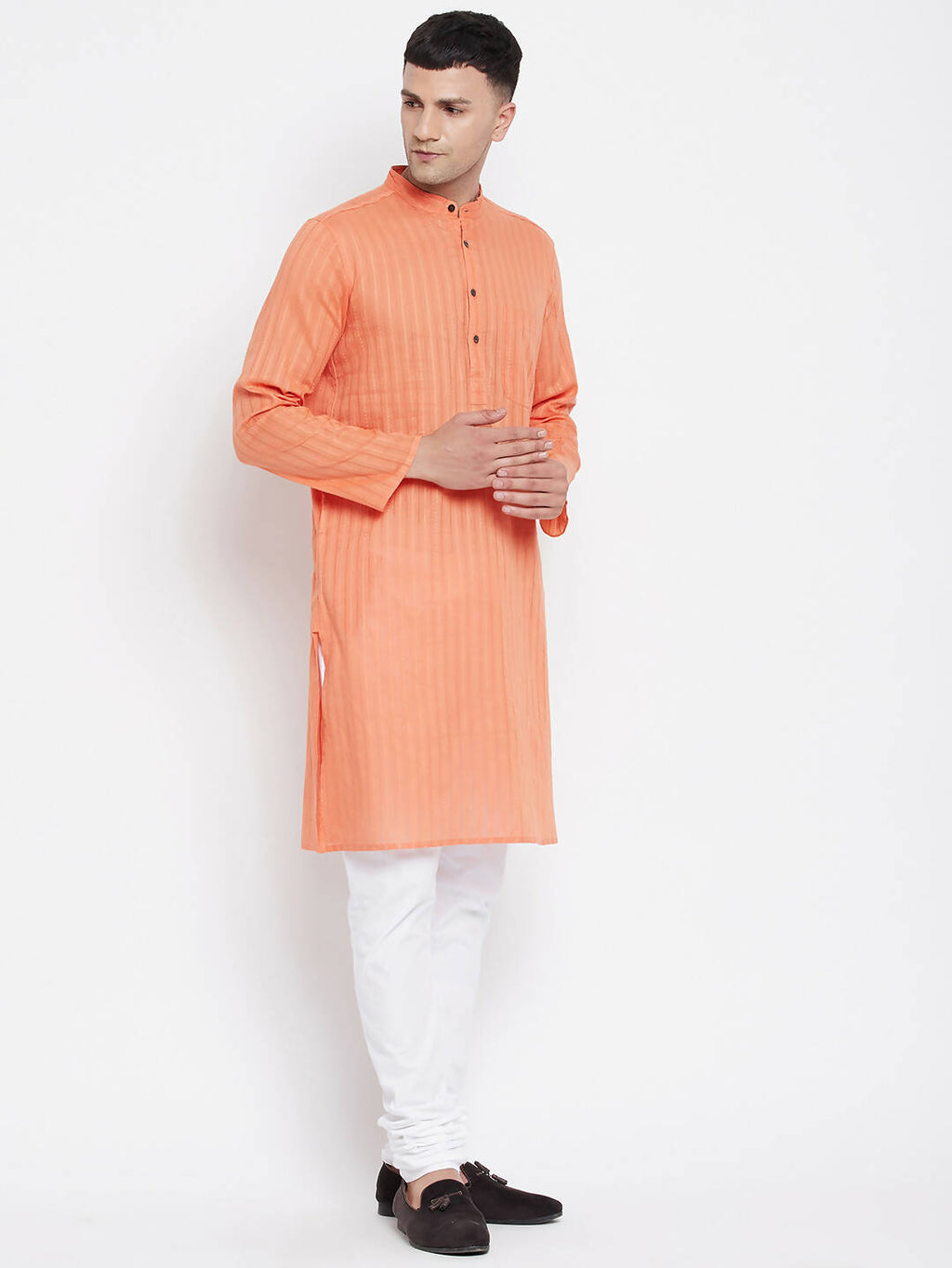 Even Apparels Orange Color Pure Cotton Men's Kurta With Band Collar | Grocsy