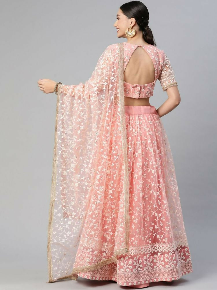 Peach Soft Net Thread Embroidery Work Lehenga Choli - Jihu Culture | Grocsy