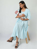Manet Three Fourth Maternity Dress Striped With Concealed Zipper Nursing Access - Light Blue | Grocsy