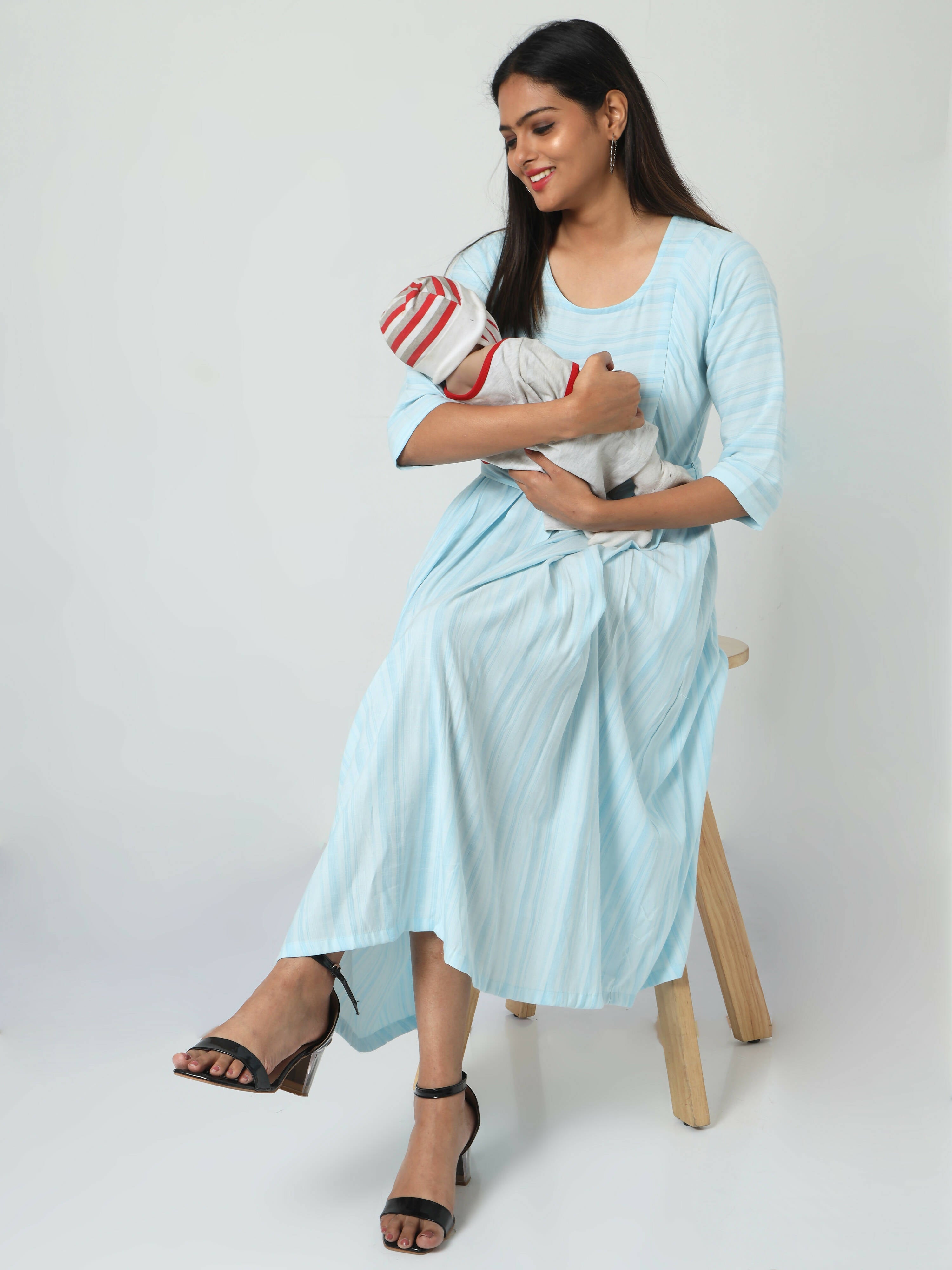 Manet Three Fourth Maternity Dress Striped With Concealed Zipper Nursing Access - Light Blue | Grocsy