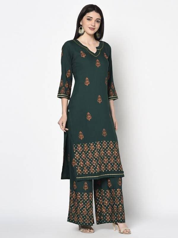Aniyah Rayon Bottle Green Color Block Print Straight Kurta Palazzo Set (AN-217K) | Grocsy