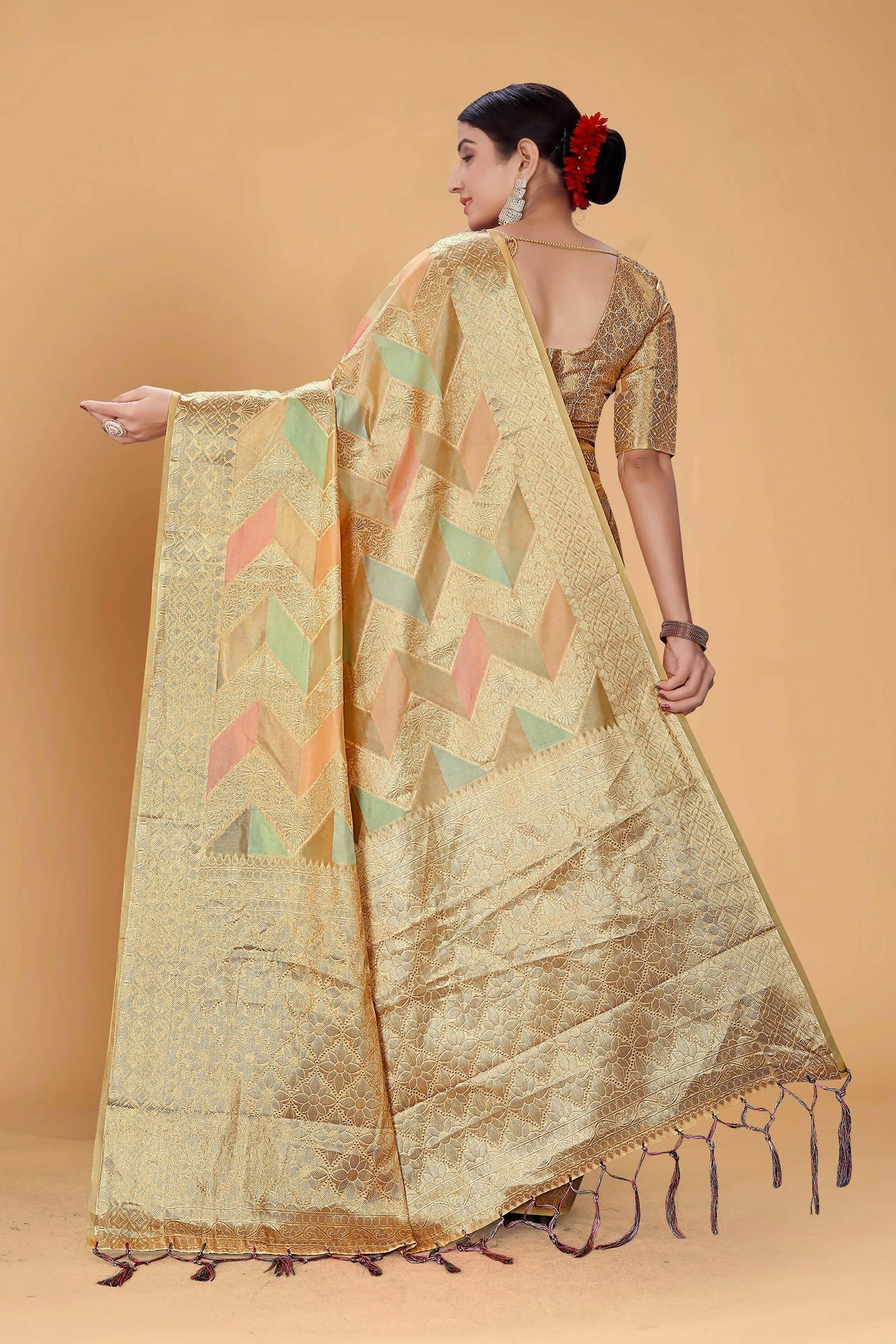 Beige Soft Organza Woven Design Saree With Unstitched Blouse Piece - Zaara | Grocsy
