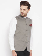 Even Apparels Grey Polyester Men's Nehru Jacket-Contrast Lining-Inbuilt Pocket Square | Grocsy