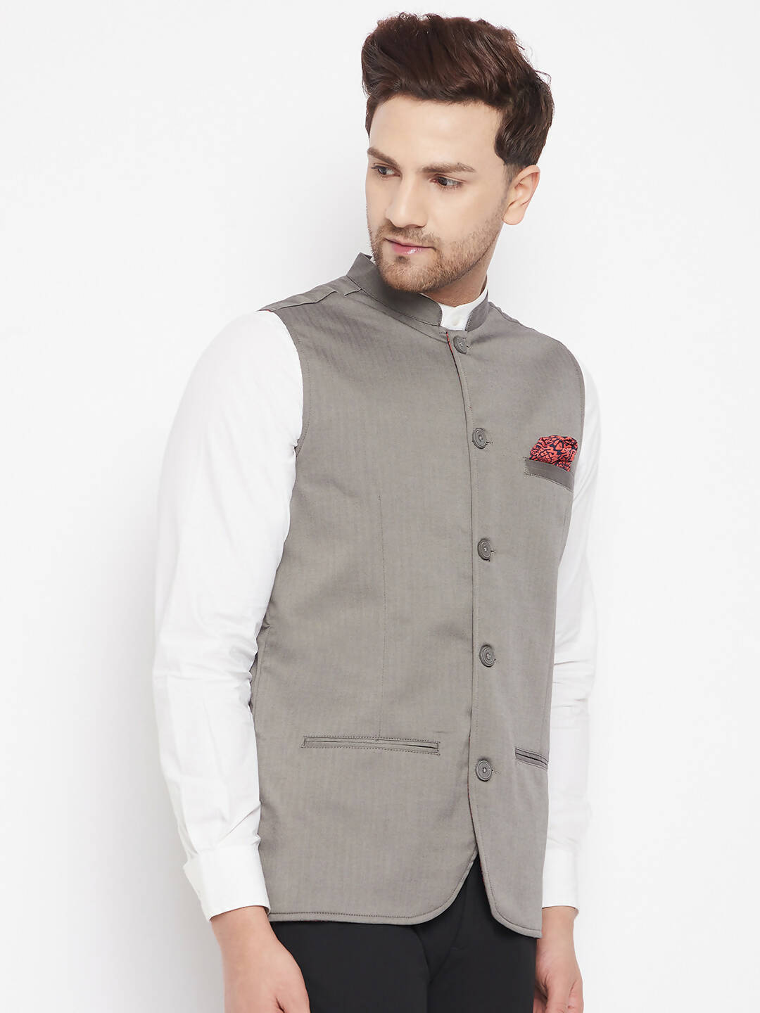 Even Apparels Grey Polyester Men's Nehru Jacket-Contrast Lining-Inbuilt Pocket Square | Grocsy