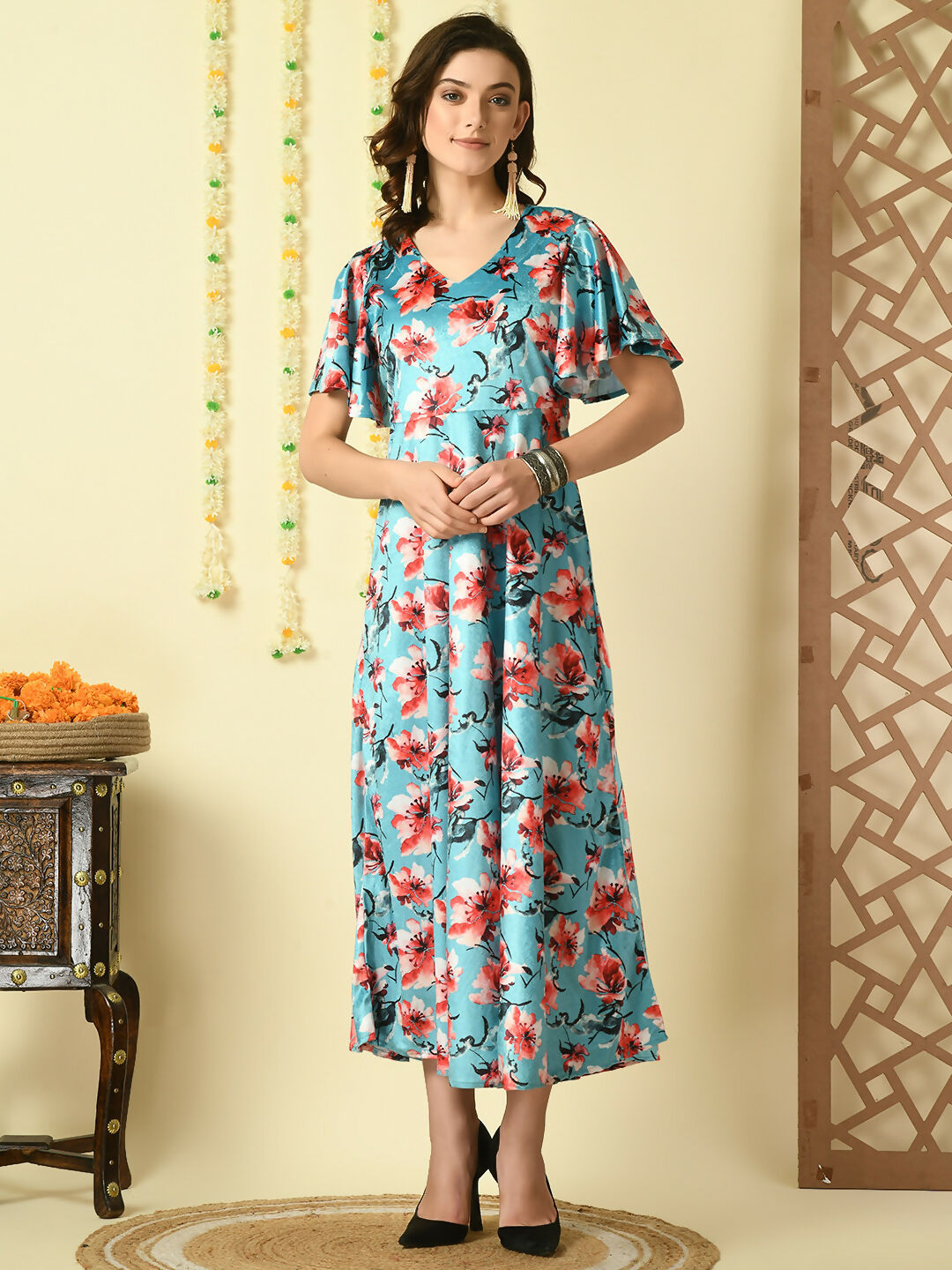 Myshka Women's Multi Printed Velvet Party Dress | Grocsy