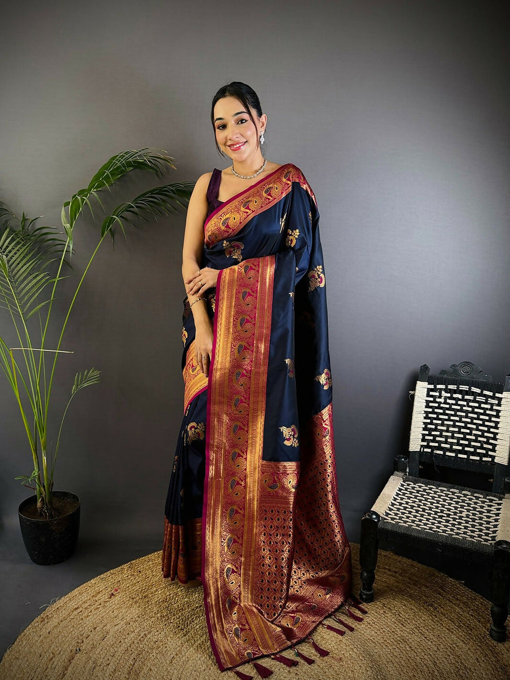 Joban Fashion Banarasi Navy Blue Woven Soft Silk Saree | Grocsy