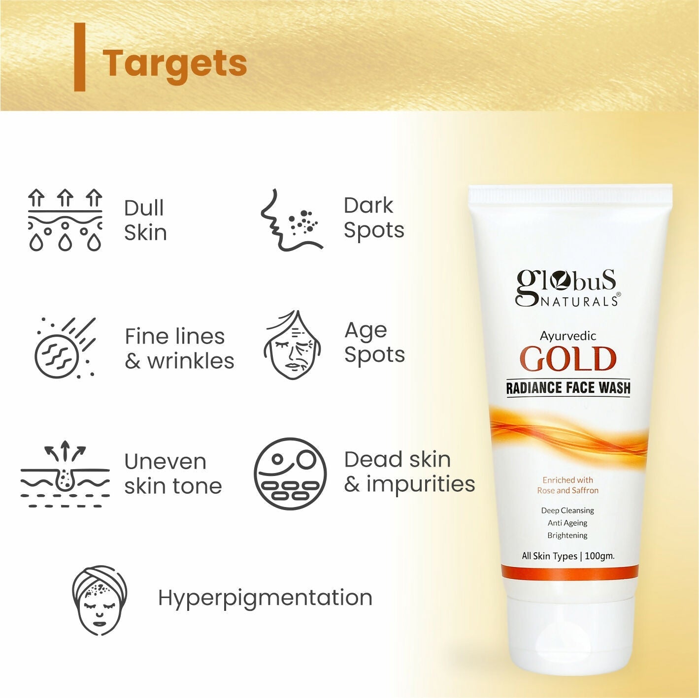 Globus Naturals Gold Radiance Anti Ageing & Brightening Face Wash | Grocsy
