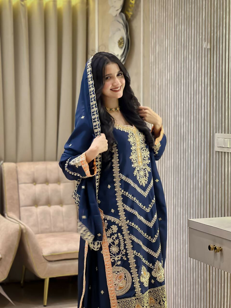 Teeya Creation Blue Color Chinon Silk Party Wear Trending Palazzo Set | Grocsy