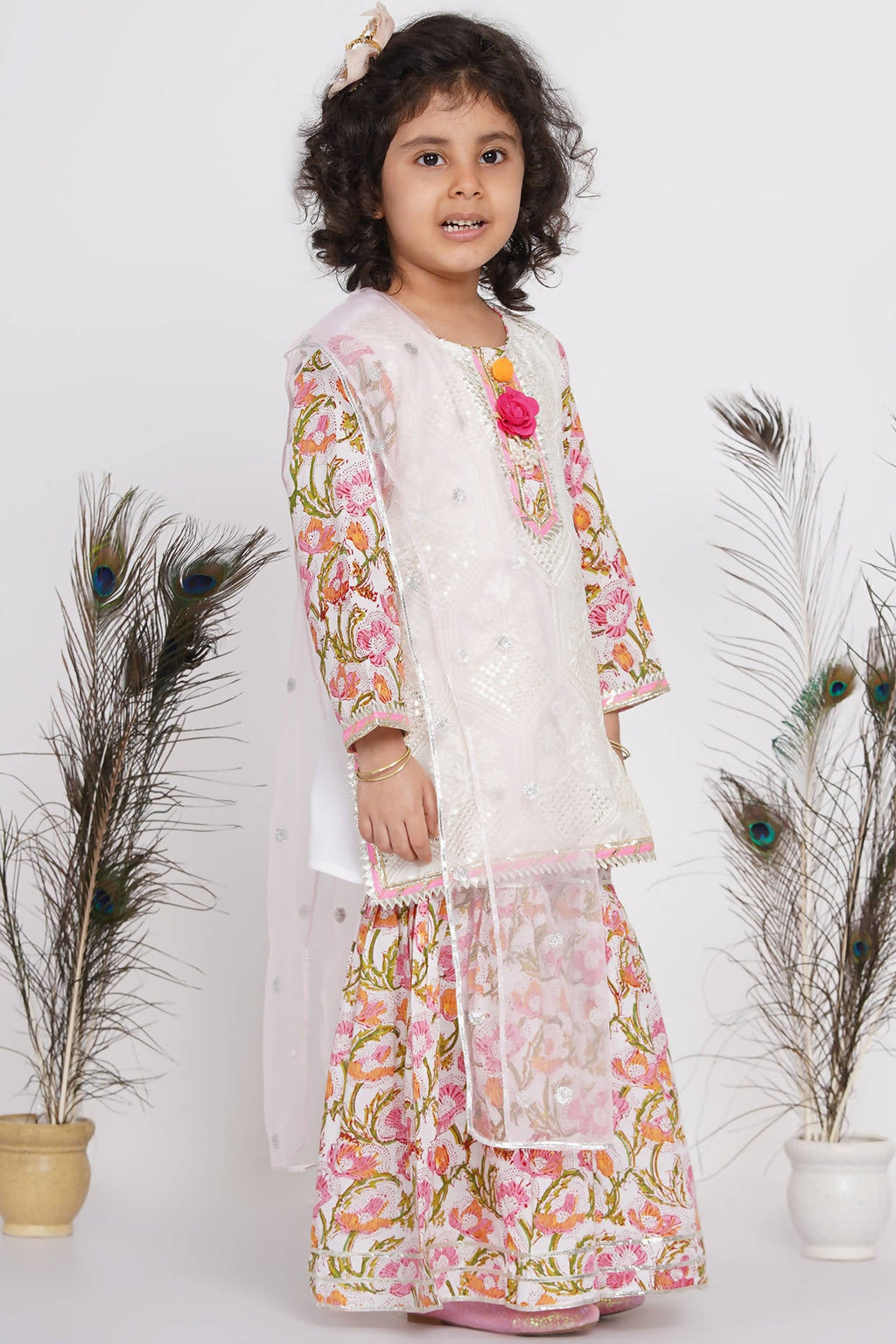 Little Bansi Girls Cotton Floral work Kurta with Floral Sharara & Dupatta - White | Grocsy