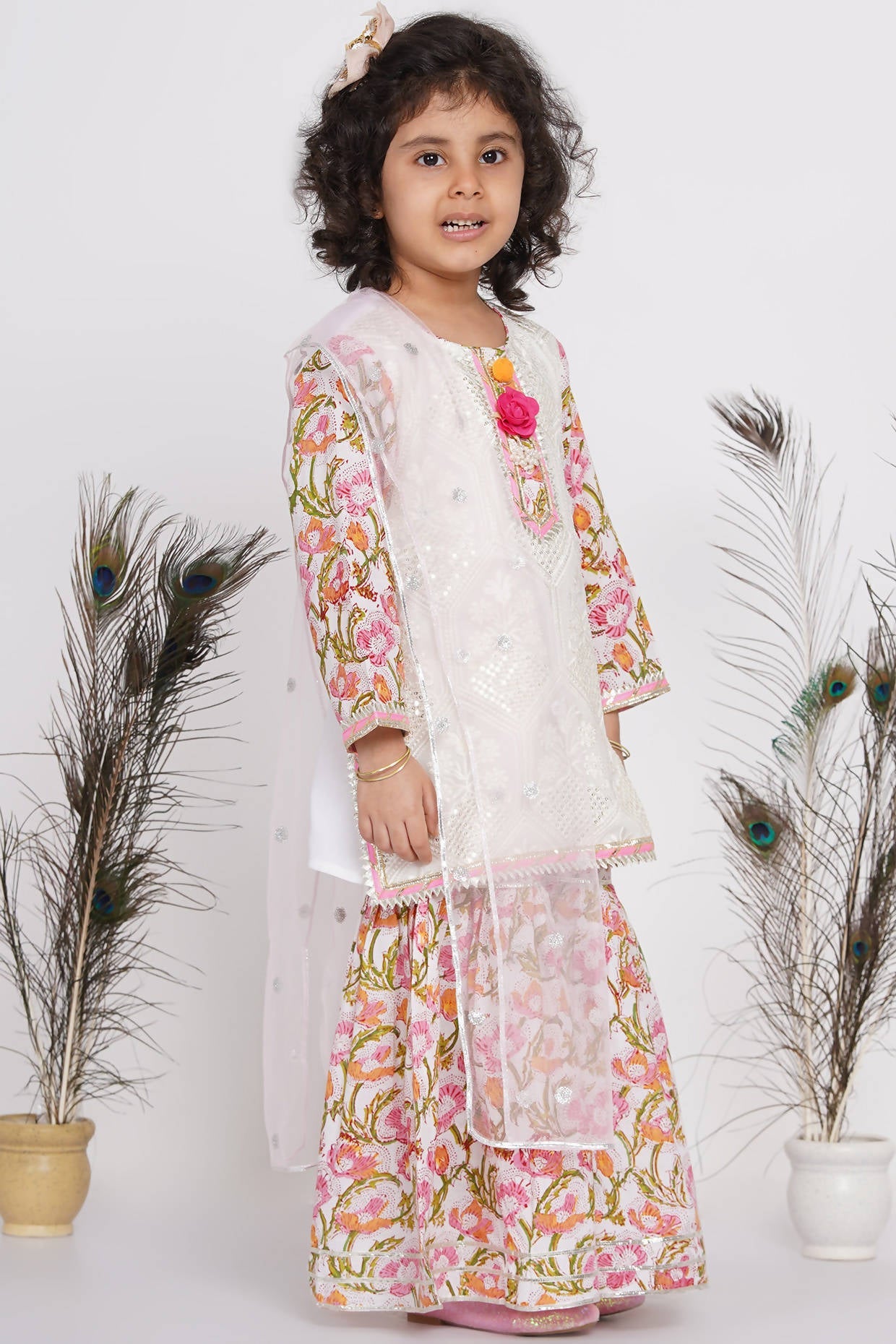Little Bansi Girls Cotton Floral work Kurta with Floral Sharara & Dupatta - White | Grocsy