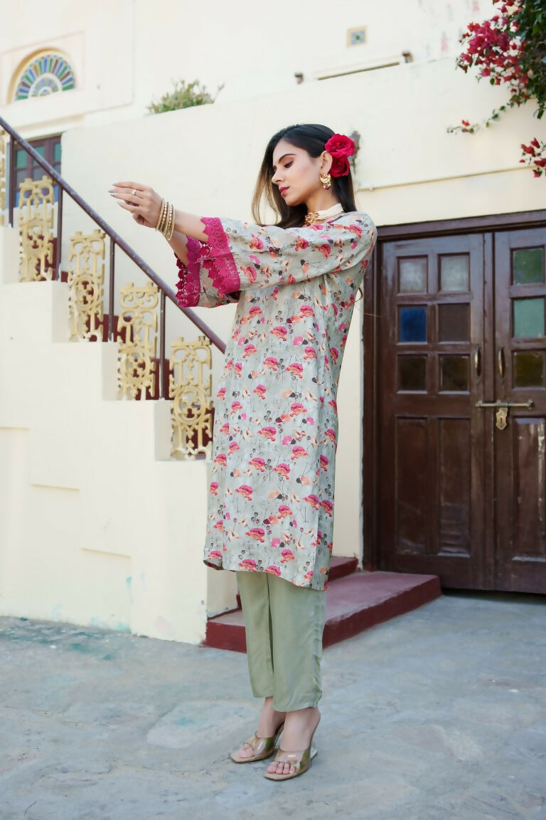 Vaasva Women Pista Green Muslin Embroidered Kurta & Pant Set | Grocsy