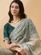 Green Organza Sequence Embroidered Saree with Unstitched Blouse - Satya | Grocsy
