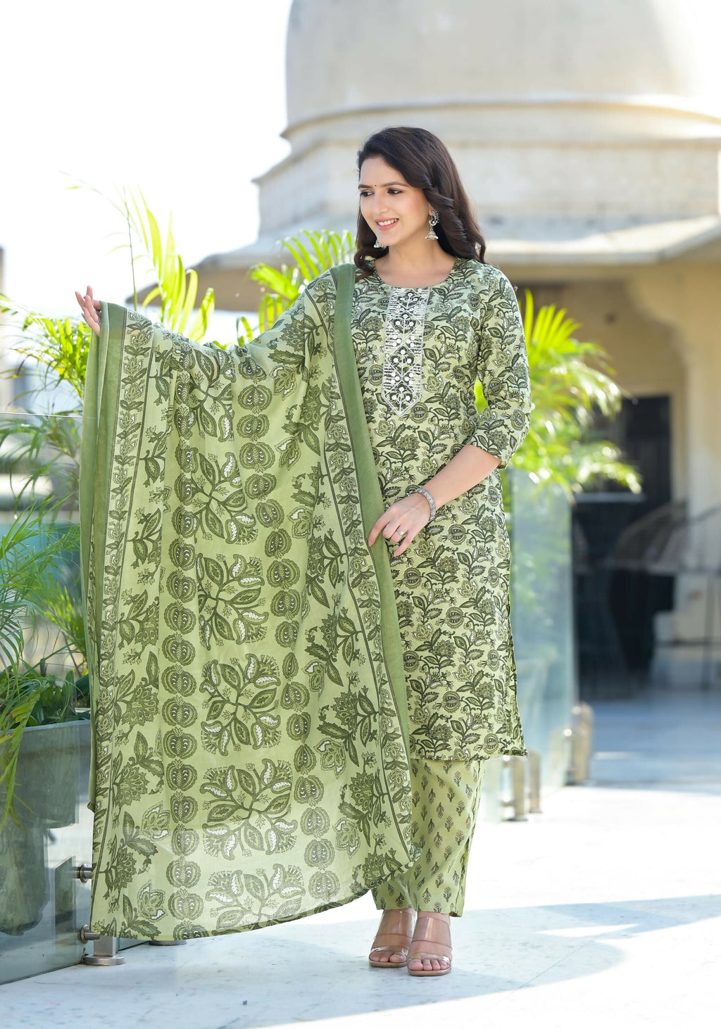Juniper Women's Green Floral Printed Cotton Kurta Set With Thread & Mirror Work | Grocsy