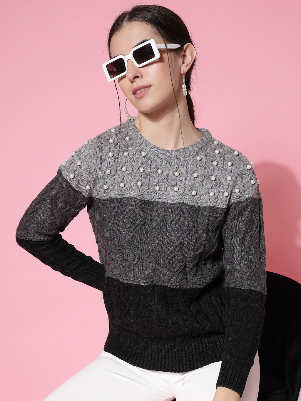 Women Color Block Winter Charcoal Acrylic Sweater - Wool Trees | Grocsy