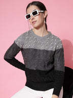 Women Color Block Winter Charcoal Acrylic Sweater - Wool Trees | Grocsy