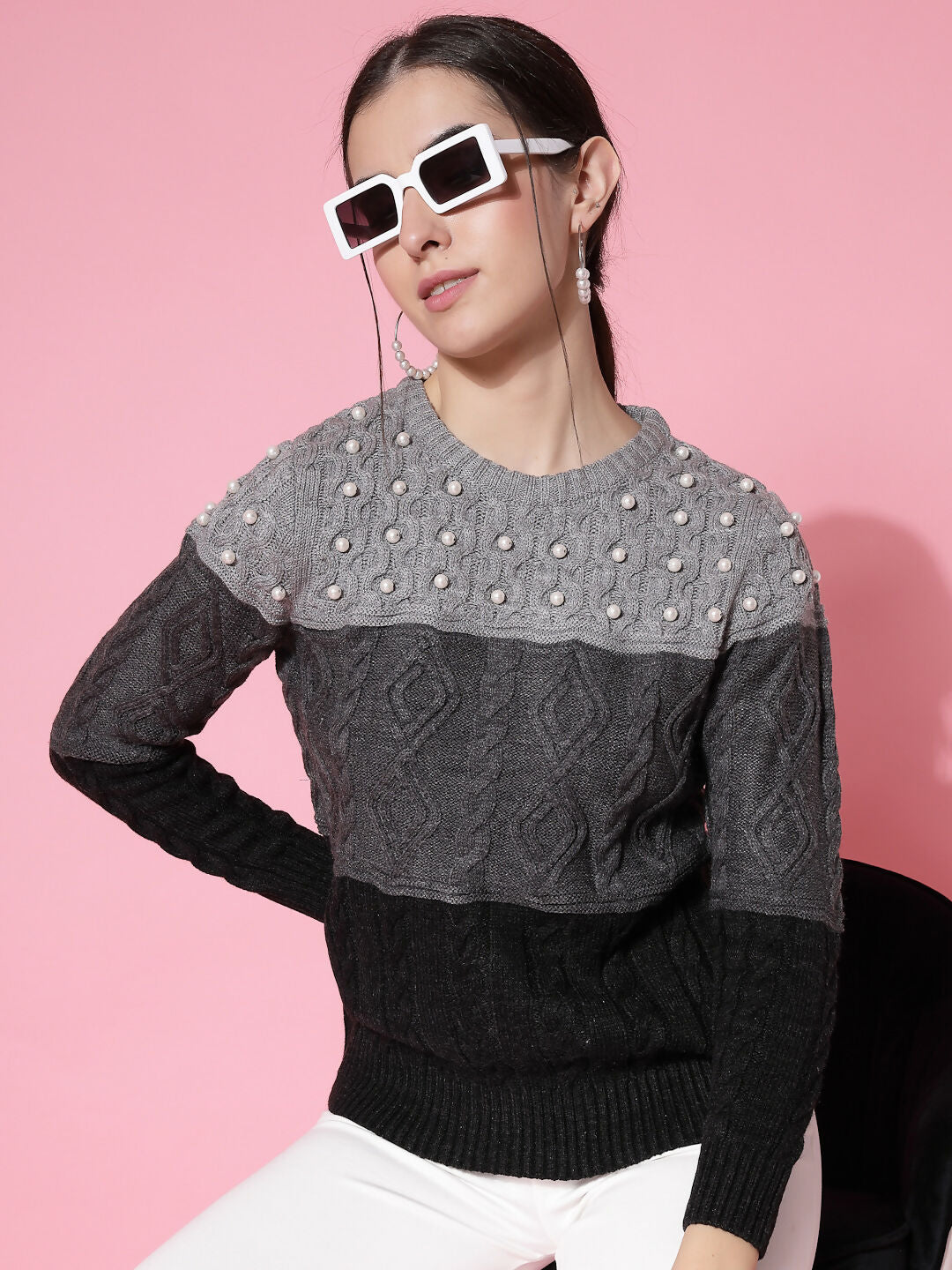 Women Color Block Winter Charcoal Acrylic Sweater - Wool Trees | Grocsy