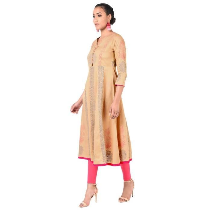 Aniyah Cotton Floral Print Anarkali Kurta In Beige (AN-165K) | Grocsy