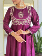 The52 Women's Beautiful Vichitra Silk Fabric Embroidery Work Flared Anarkali Pant and Dupatta Set | Grocsy