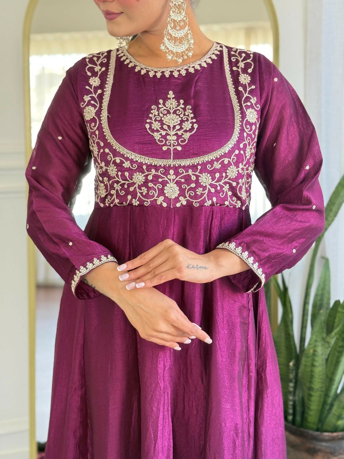 The52 Women's Beautiful Vichitra Silk Fabric Embroidery Work Flared Anarkali Pant and Dupatta Set | Grocsy