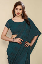 Teal Georgette Embroidered and Stone Work Saree with Unstitched Blouse Piece - Roozal | Grocsy