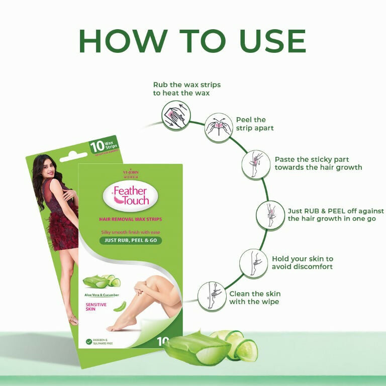 VI-JOHN Feather Touch Cucumber & Alevera Hair Removal Wax Strips for Dry Skin Praraben & Sulphate Free | Grocsy
