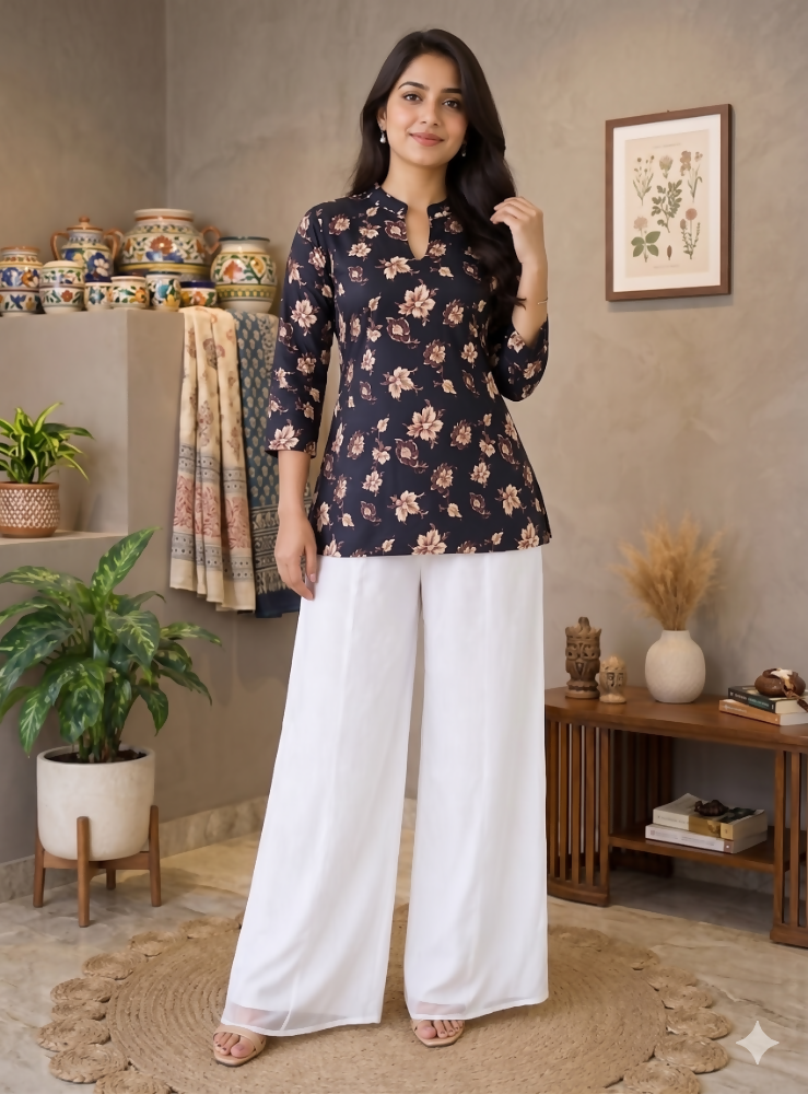 Teeya Creation Women Black Beige Floral Printed Cotton Kurti with White Wide-Leg Palazzo Set | Grocsy