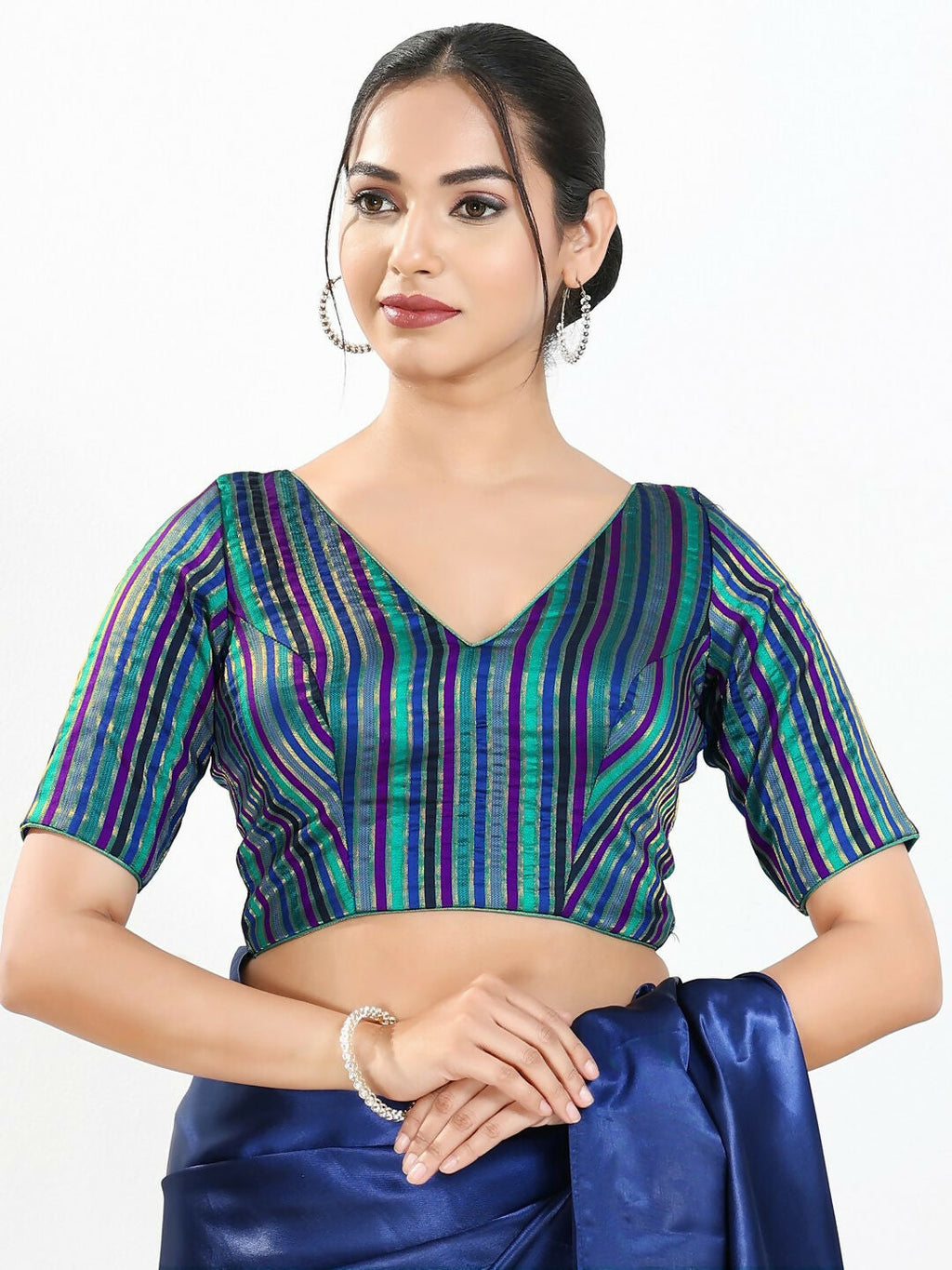 Joban Fashion Blue Multi Brocade Padded Blouse With V Neck Elbow Sleeves | Grocsy