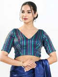 Joban Fashion Blue Multi Brocade Padded Blouse With V Neck Elbow Sleeves | Grocsy