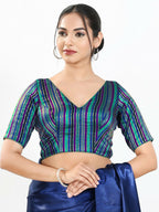 Joban Fashion Blue Multi Brocade Padded Blouse With V Neck Elbow Sleeves | Grocsy