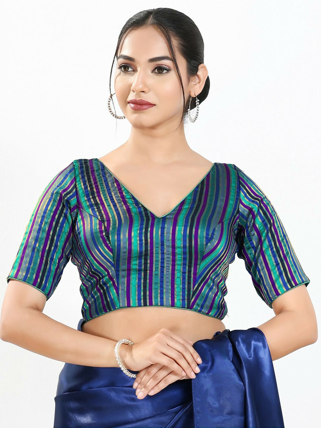 Joban Fashion Blue Multi Brocade Padded Blouse With V Neck Elbow Sleeves | Grocsy