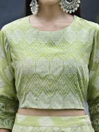 Juniper Green Santoon Slub Festive Foil Print Straight Lehnga Choli Set For Women | Grocsy