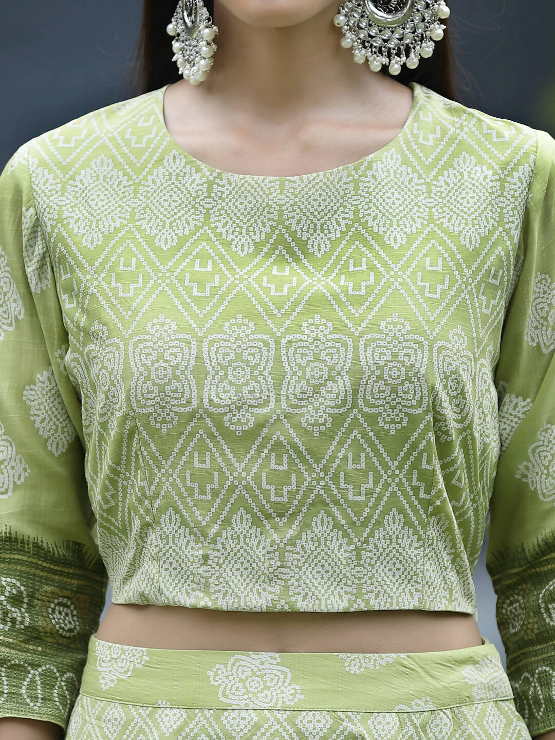 Juniper Green Santoon Slub Festive Foil Print Straight Lehnga Choli Set For Women | Grocsy