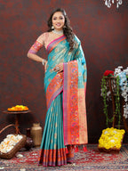 Lorenvalley Fashion Skyblue Kanjivaram Silk Woven Design with Zari Weaving Saree | Grocsy