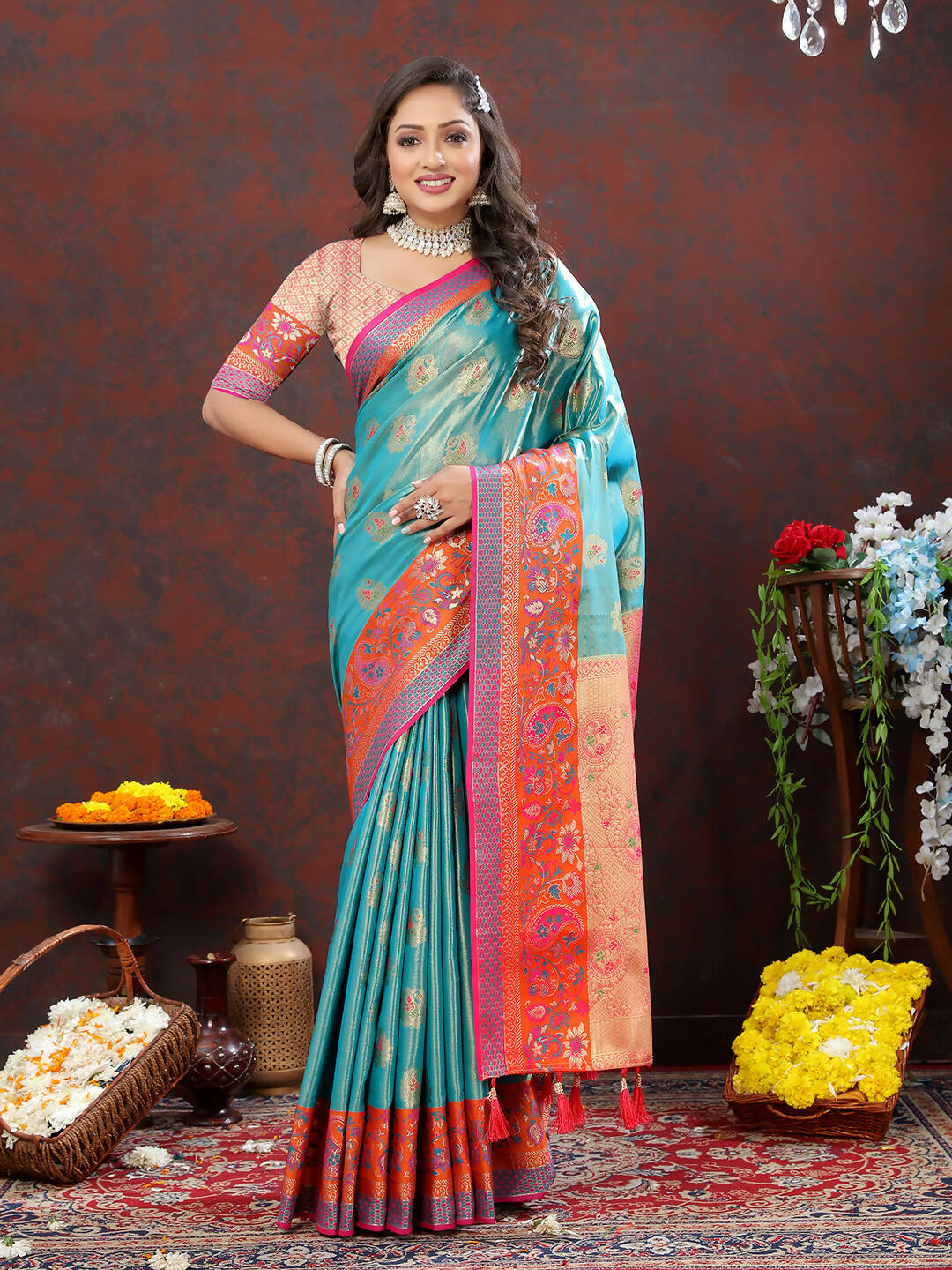 Lorenvalley Fashion Skyblue Kanjivaram Silk Woven Design with Zari Weaving Saree | Grocsy
