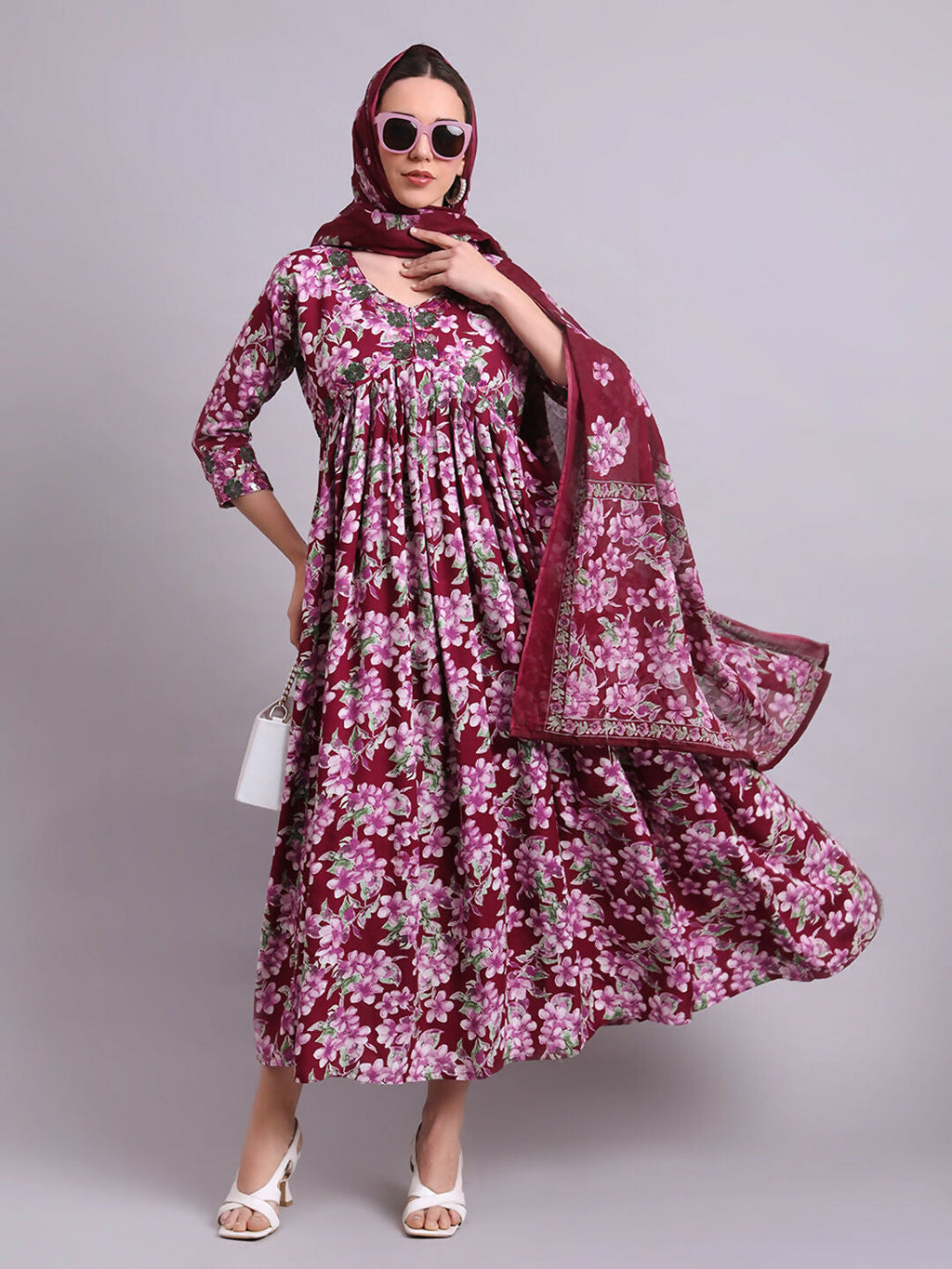 Joban Fashion Purple Cotton Floral Printed & Embroidery Work Anarkali Dress With Dupatta Set | Grocsy