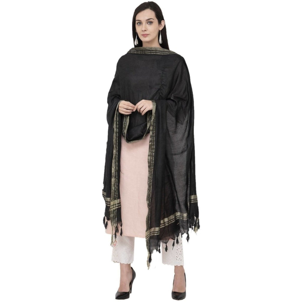 A R Silk Golden Border Regular Dupatta Color Black Dupatta or Chunni | Grocsy