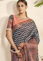 Blue Bhagalpuri Silk Stripe printed with Stone Work & Hand Work Saree - Norita Nirvi | Grocsy