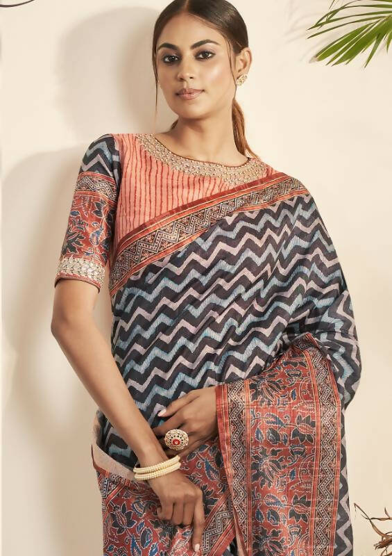 Blue Bhagalpuri Silk Stripe printed with Stone Work & Hand Work Saree - Norita Nirvi | Grocsy