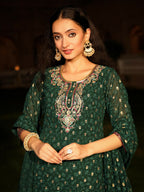 Juniper Women's The Swarn Jade Green Ethnic Motif Printed Georgette Kurta Pant And Dupatta With Sequins & Zari Work | Grocsy