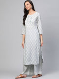 Yufta Grey and White Printed Kurta With Palazzo and Dupatta Set | Grocsy
