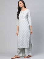 Yufta Grey and White Printed Kurta With Palazzo and Dupatta Set | Grocsy