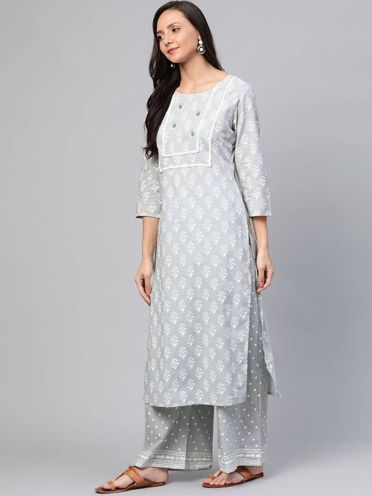 Yufta Grey and White Printed Kurta With Palazzo and Dupatta Set | Grocsy