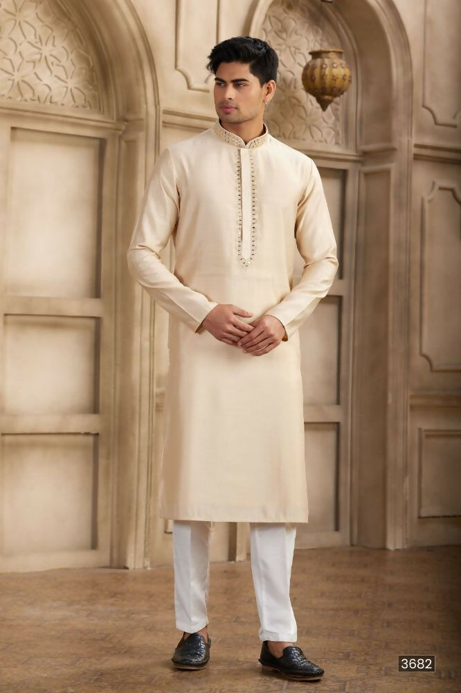 Raivat Ethnic Banarasi Art Silk Mirror Work Kurta Pajama In Beige Colour | Grocsy