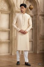 Raivat Ethnic Banarasi Art Silk Mirror Work Kurta Pajama In Beige Colour | Grocsy