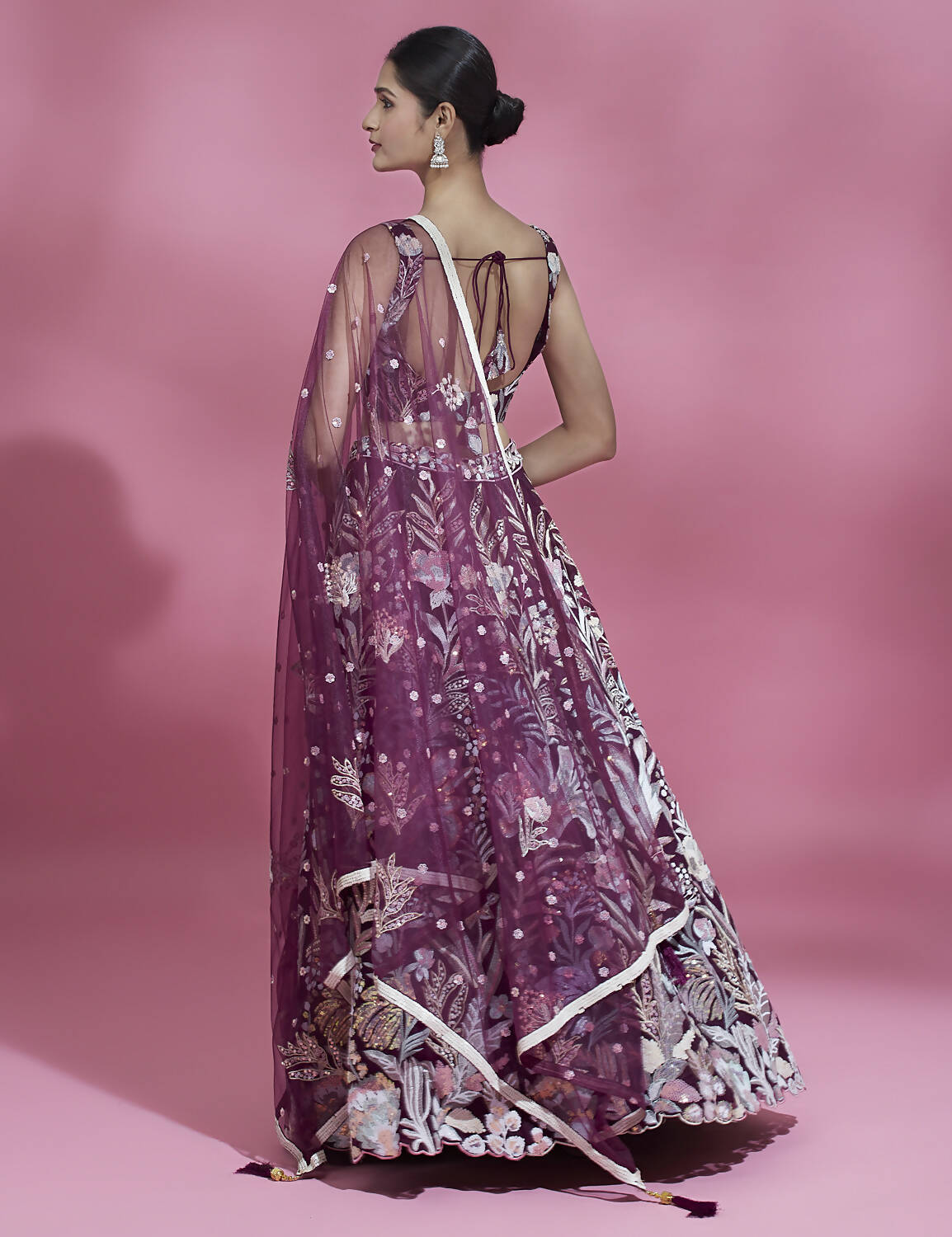 House of Panchhi Burgundy Net Sequinse Work Lehenga & Blouse with Dupatta | Grocsy