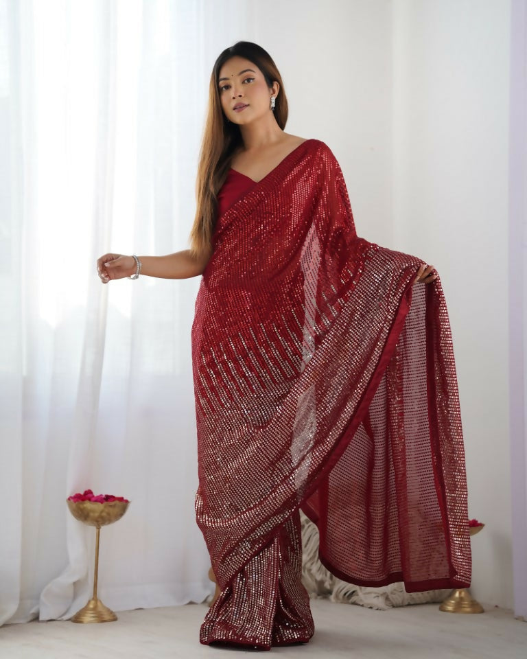 Red Georgette Designer Sequence Embroidery Work Saree - Sitare | Grocsy